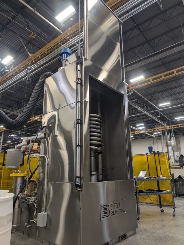 Better Engineering stainless steel aqueous part washer. Designed to clean dry coil heat exchangers, equipped with multiple stages in one chamber.