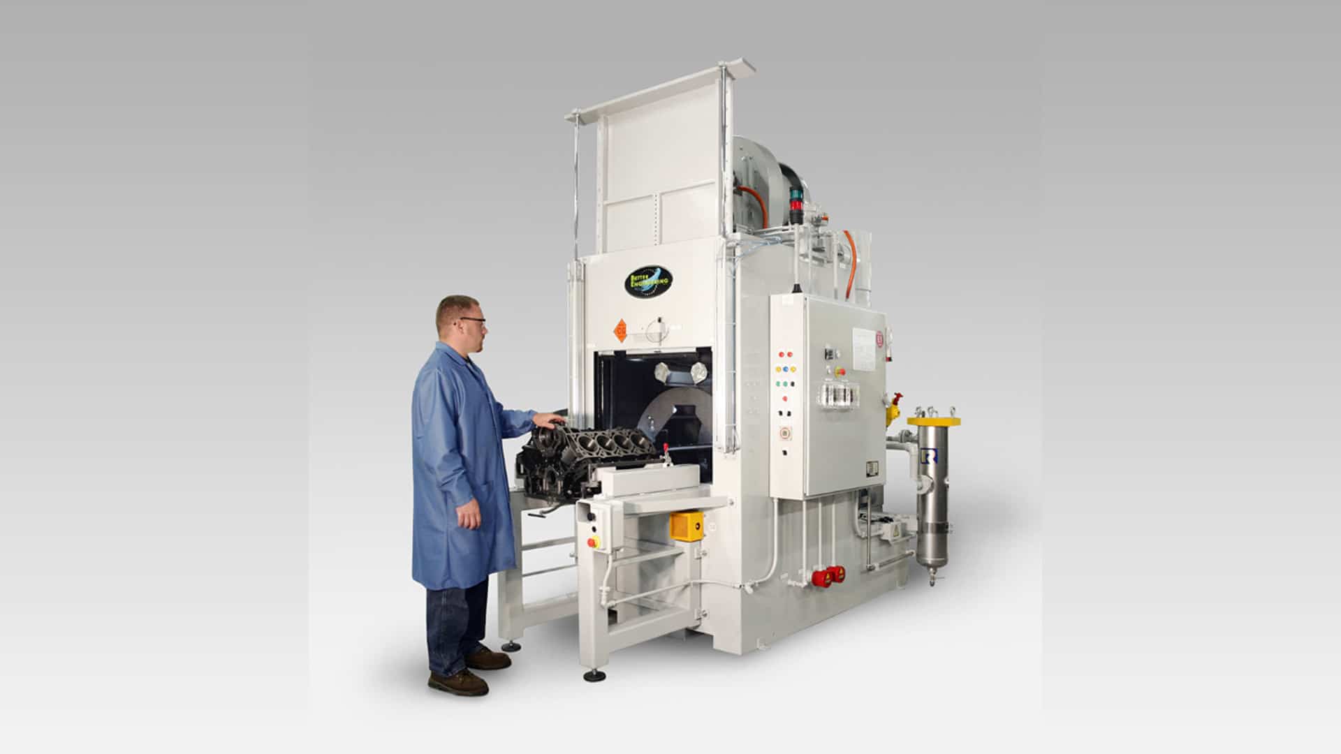 Custom RTO parts washer with rotor to clean engine blocks