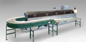 Return conveyor washer for cleaning aircraft wheels and brakes for powder coating