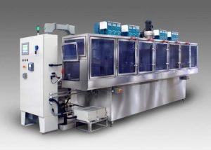 S-22 immersion ultrasonic washer to clean baskets with racks of thin semi-conductor wafers