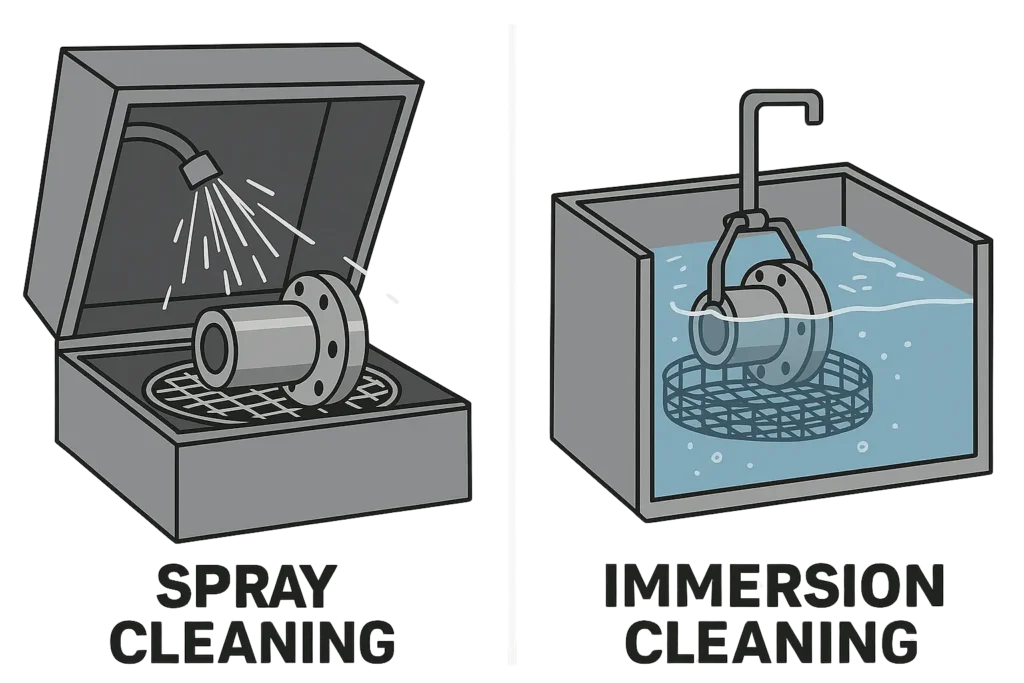 Side-by-side comparison of spray cleaning and immersion cleaning methods used in industrial parts washers. Spray cleaning uses high-pressure jets for surface-level contaminants, while immersion cleaning submerges parts for deep cleaning of complex geometries.