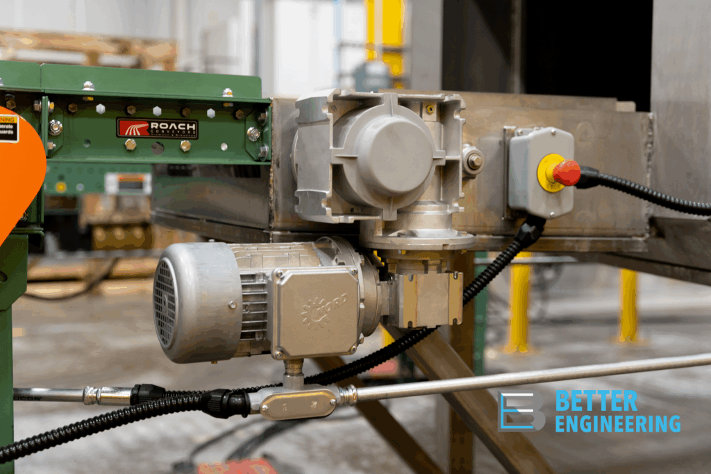 Better Engineering E-Stop button on conveyor part washer.