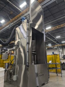 Better Engineering stainless steel aqueous part washer. Designed to clean dry coil heat exchangers, equipped with multiple stages in one chamber.