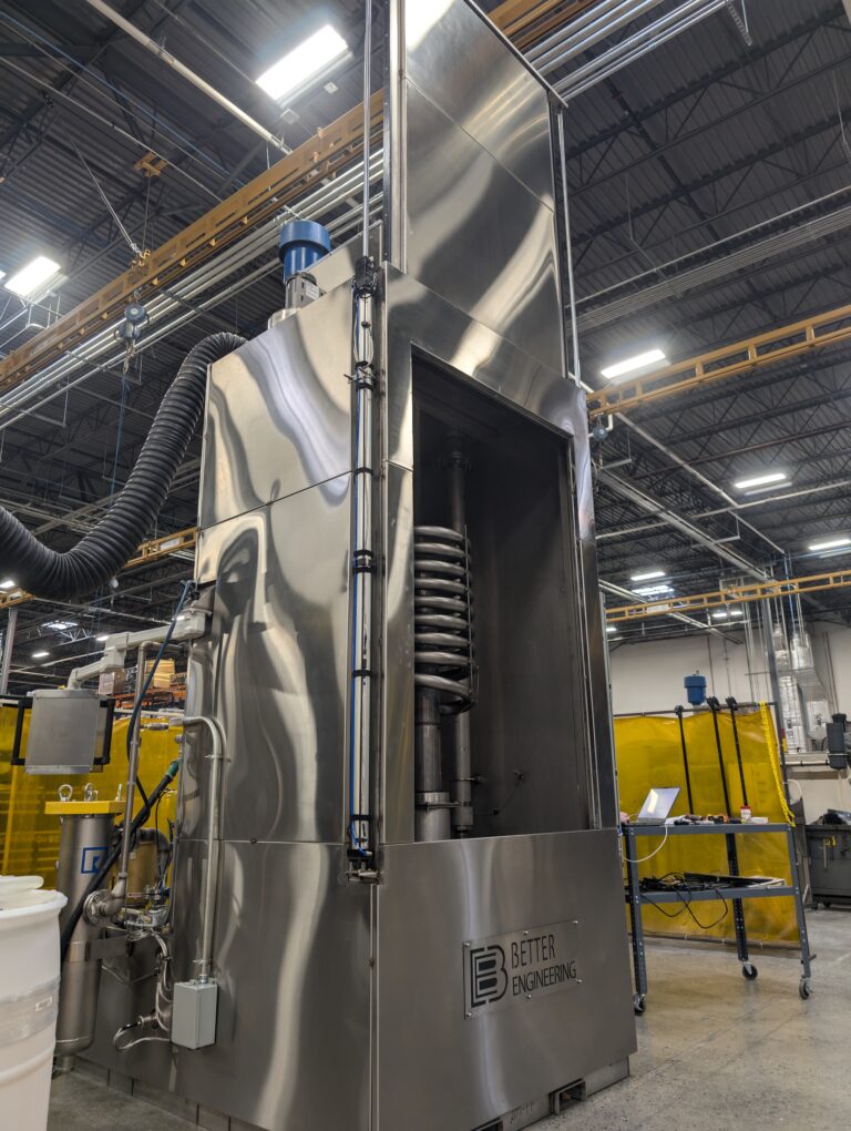 Better Engineering stainless steel aqueous part washer. Designed to clean dry coil heat exchangers, equipped with multiple stages in one chamber.
