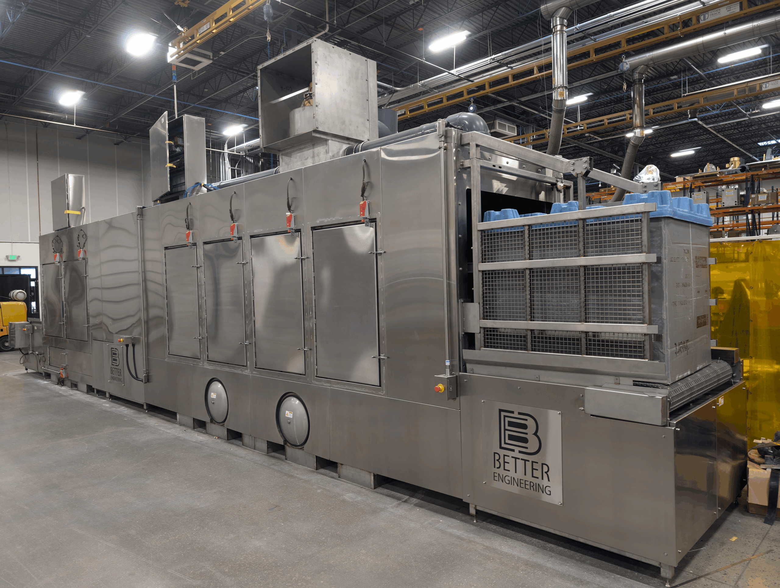 Better Engineering organic waste sanitization part washer; designed to wash, rinse, sanitize, and dry bins, totes, lugs, containers, and more.