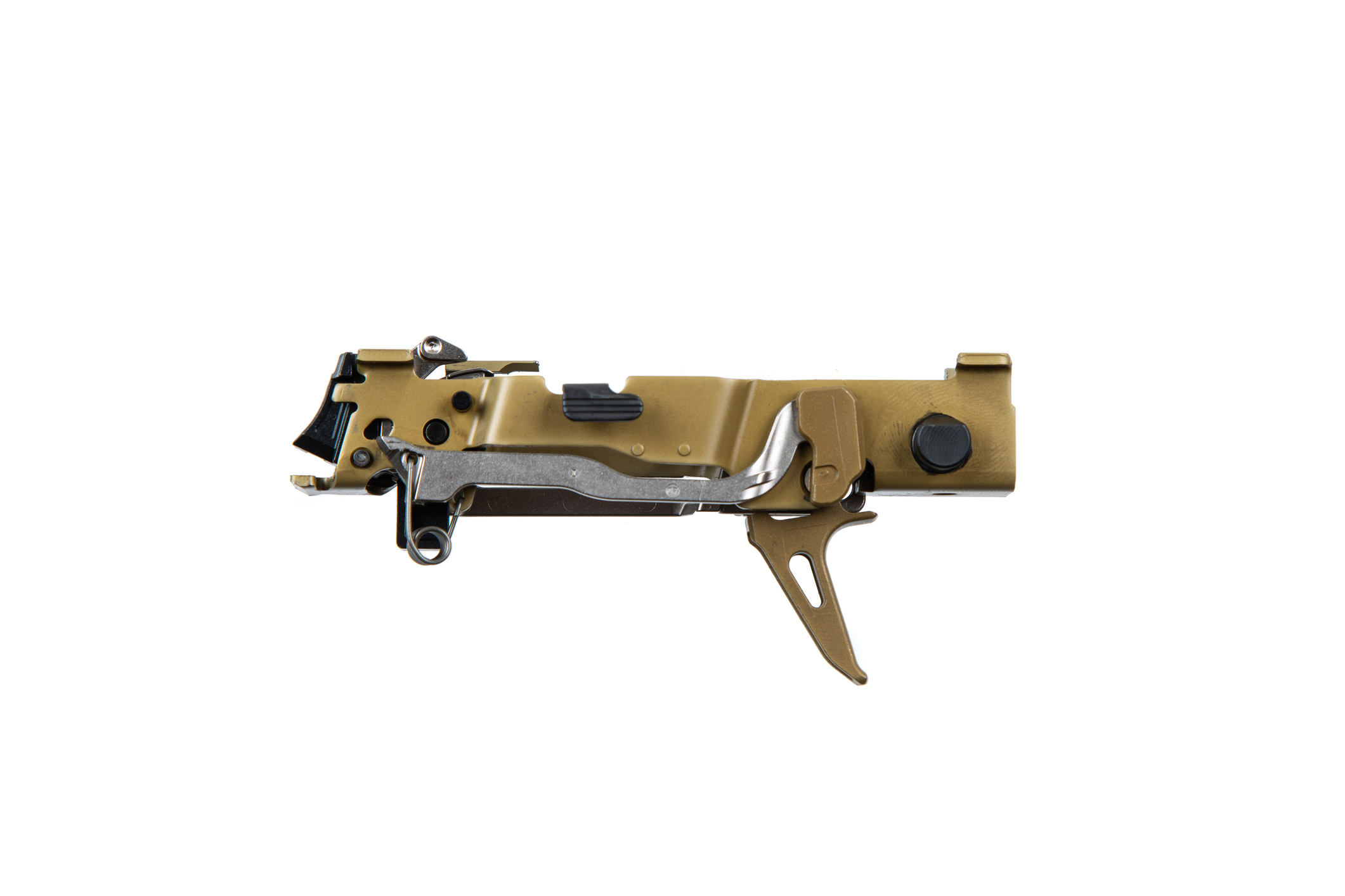 Brown firearm trigger assembly on white background.