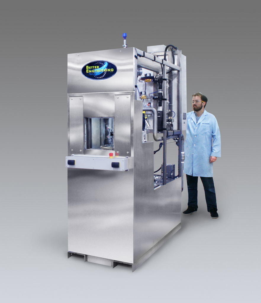 Return To Operator (RTO) single-chamber spray washing system designed to clean blades and veins for jet engines.