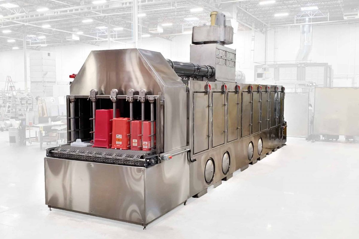 C-60 Conveyor belt washer to clean sharps and medical waste containers