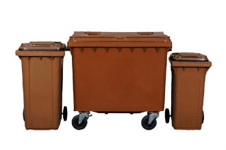 Three brown waste bins of different sizes, designed for organic and compostable waste collection, supporting urban recycling and sustainable waste management practices