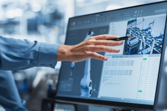 Close-Up On Screen Of Desktop Computer With Automation Software For Autonomous Assembly Line At Modern Factory With Robotic Arms. Technical Supervisor Pointing At Display, Adjusting Production Process