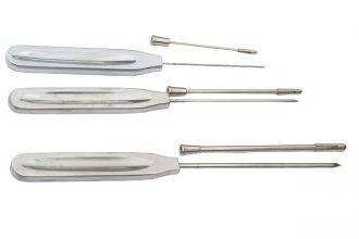 Different types of stainless steel catheter trocars on white background.