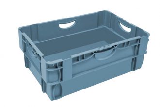 Blue plastic tote with white background.
